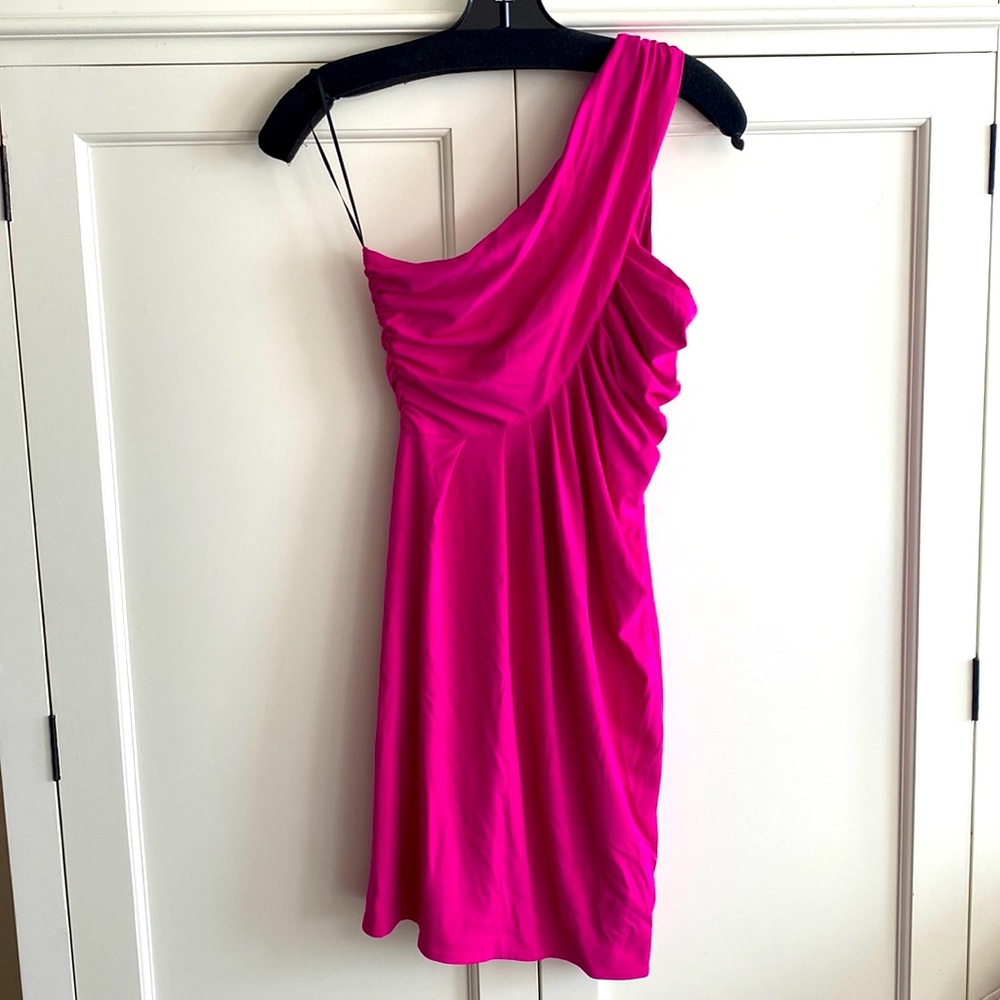 CUT25 One Shoulder Gathered Dress, Fuschia, XS